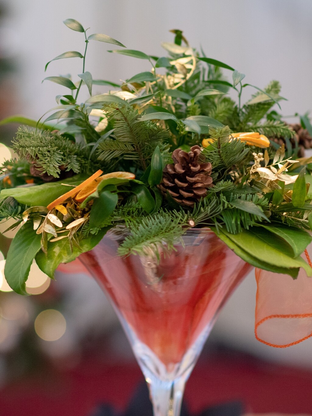 Close up of Christmas foliage in cocktail glass